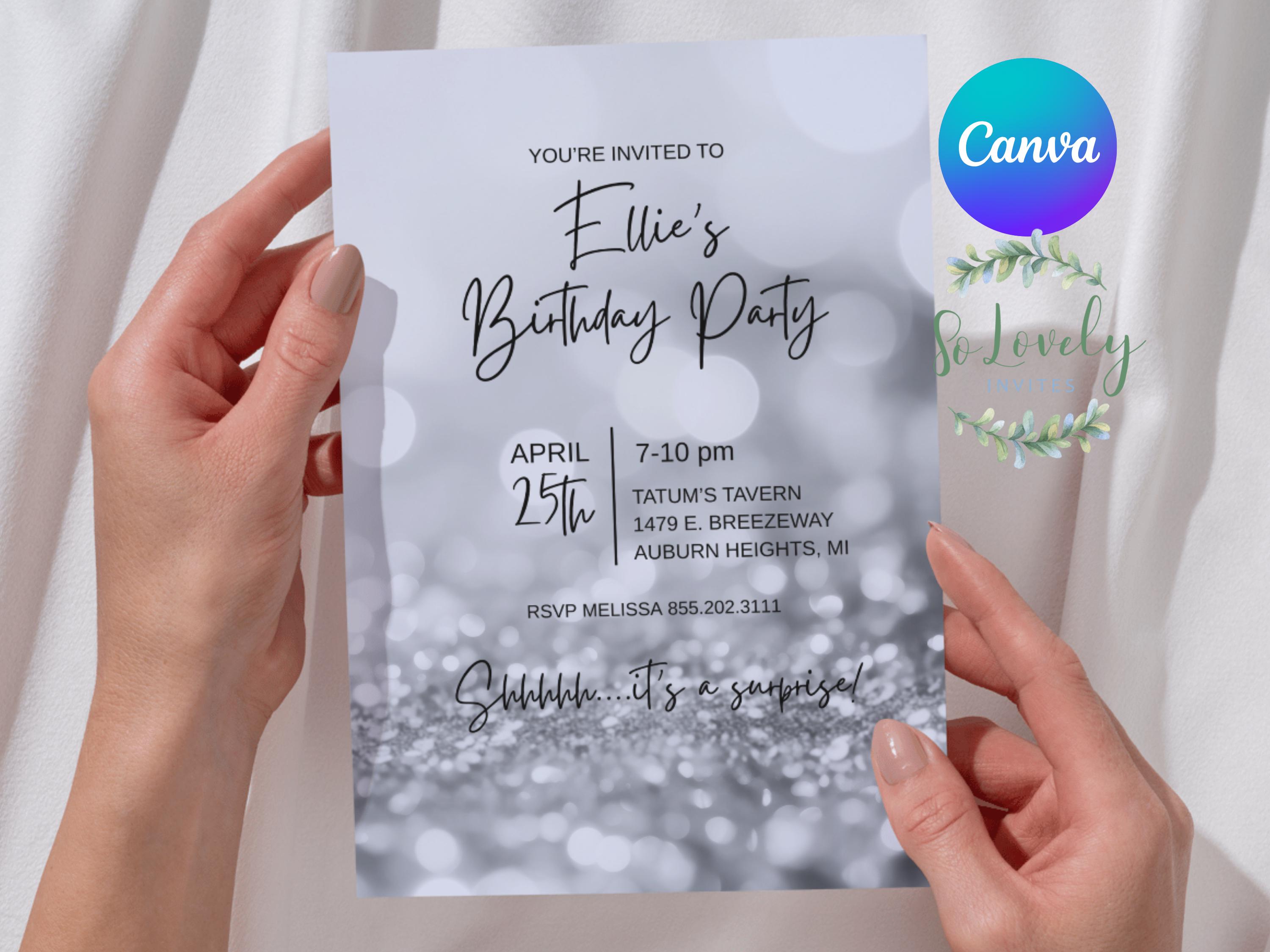 Silver Invite Editable Silver Birthday Invitation | Surprise Adult Party Invite ...