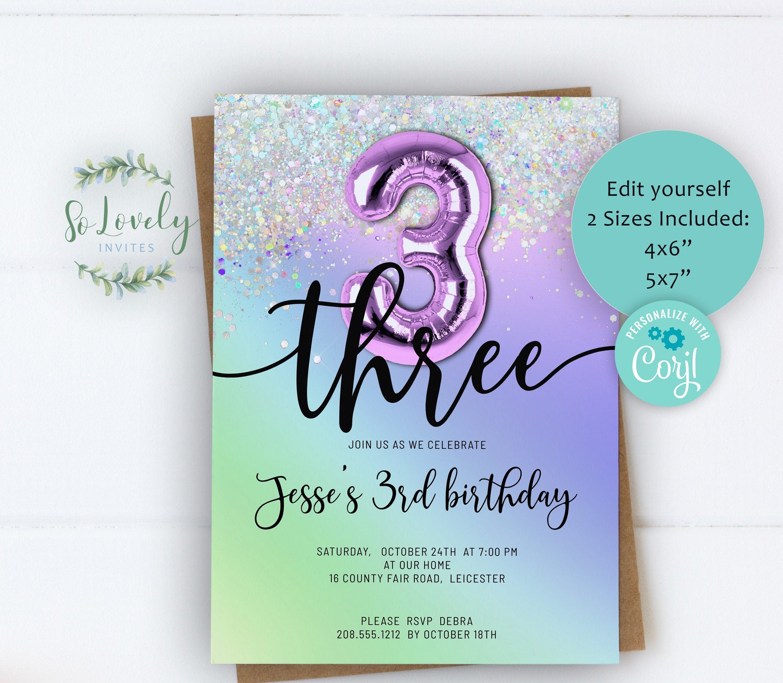 Purple Rainbow 3rd Birthday Invitation Editable Birthday | Etsy