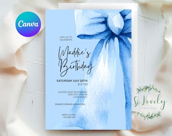 Blue Birthday Invitation Template | Editable Canva Birthday Invite | Coquette Bow Birthday Party | Printable 5x7 & Mobile Invite