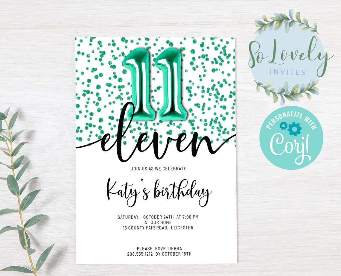 Metallic Turquoise Glitter 11th Birthday Invitation EDIT Etsy