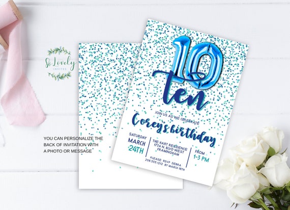 Blue & Green Glitter 10th Birthday Invitation EDIT YOURSELF | Etsy