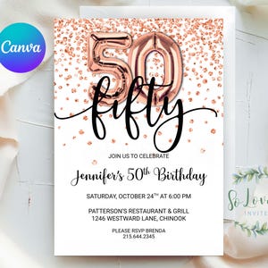 Rose Gold Glitter 50th Birthday Invitation, Editable Birthday Invite for fab fifty Birthday Party, 2 sizes, DIY Edit yourself image 6