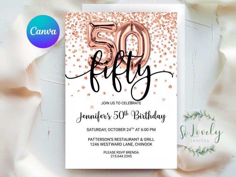 Rose Gold Glitter 50th Birthday Invitation, Editable Birthday Invite for fab fifty Birthday Party, 2 sizes, DIY Edit yourself image 6