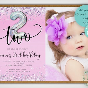 Faire-part 2e anniversaire rose et argent pailleté holographique avec photo, MODIFIER VOUS-MÊME une invitation pour une fête d'anniversaire de 2 ans, 2 tailles, DIY