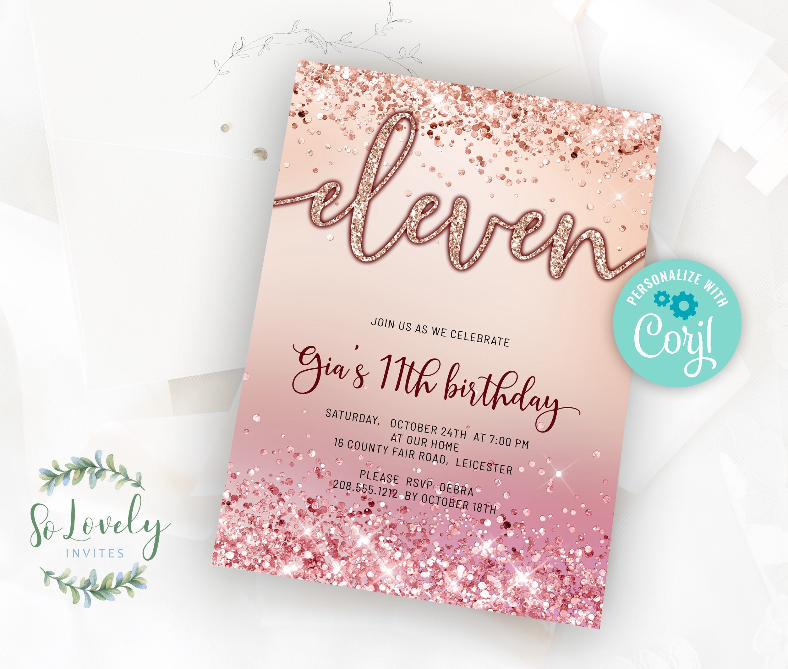 Rose Gold Glitter Background 11th Birthday Invitation EDIT - Etsy Australia