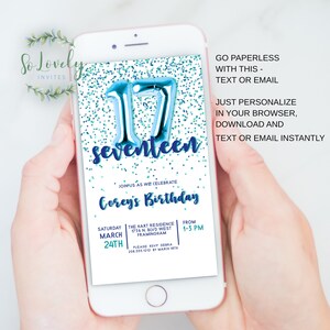 Blue and Green Glitter 17th Birthday Invitation, Editable Mobile Birthday Invite for sweet seventeen -text or email