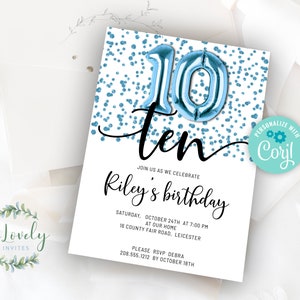 Blue Metallic Glitter 10th Birthday Invitation Editable - Etsy