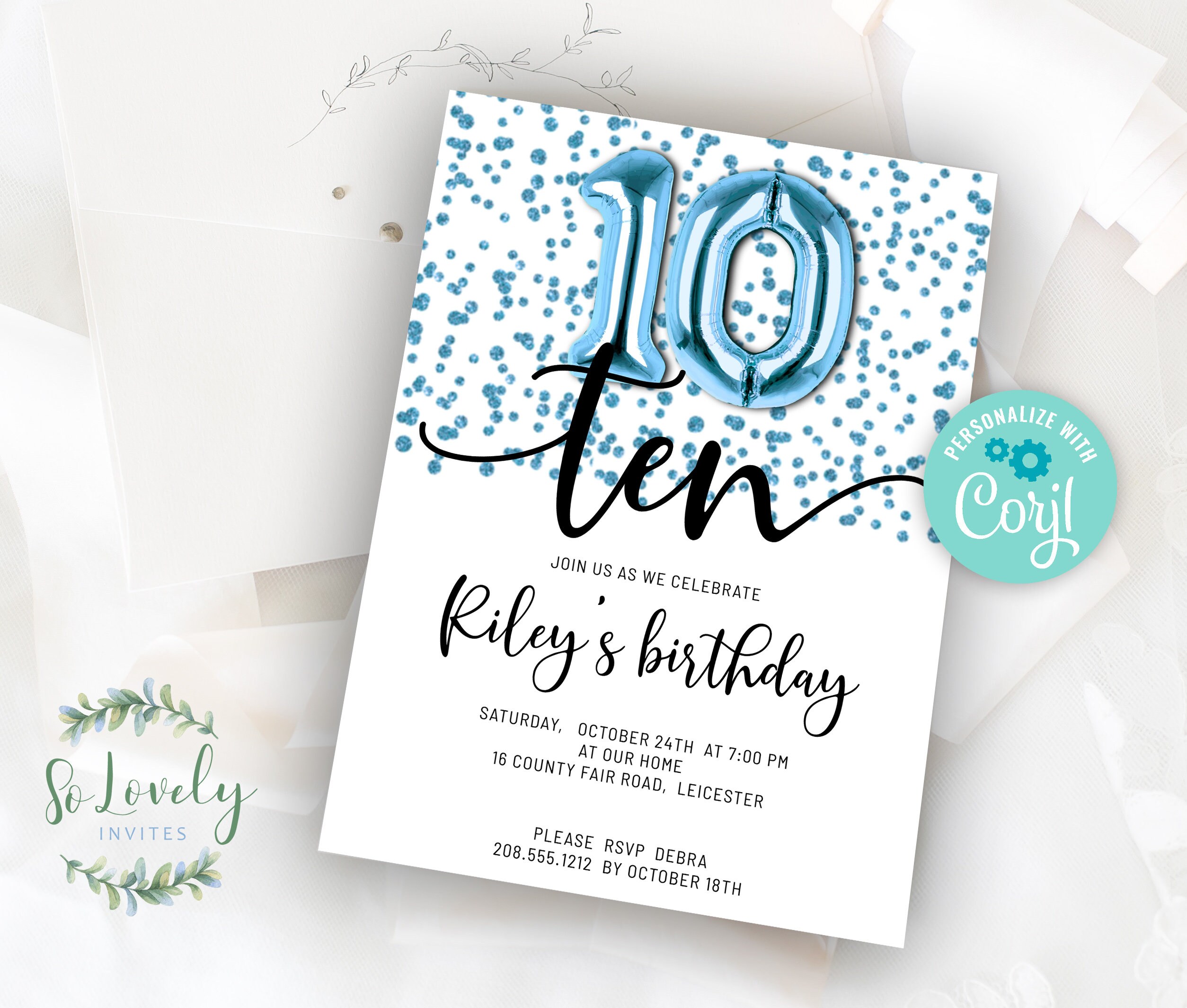 Blue Metallic Glitter 10th Birthday Invitation Editable - Etsy