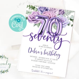 Purple Roses 70th Birthday Invitation,  Editable Birthday Invite for Seventy Birthday Party, 2 sizes, DIY Edit yourself
