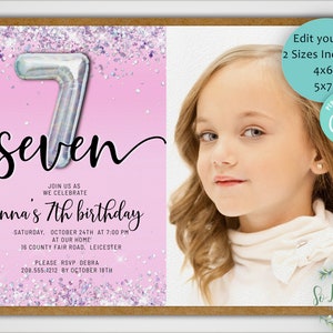 Pink and Silver Holo Glitter 7th Birthday Photo Invitation, EDIT YOURSELF Birthday Invite for 7 year old Birthday Party, 2 sizes, DIY Invite