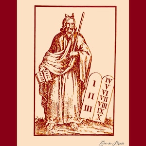 May include: A vintage illustration of a man holding two tablets with Roman numerals I through X. The image is titled "The 6 & 7 Magical Seals of the Book of Moses".