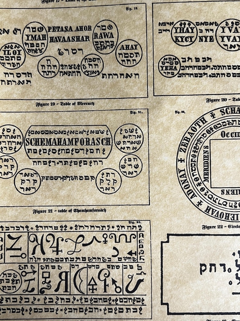 May include: A vintage, black and white image of a page from a book with text and diagrams. The text includes the words "Table of Mercury", "Schemahamforasch", and "Circle of Jehovah".