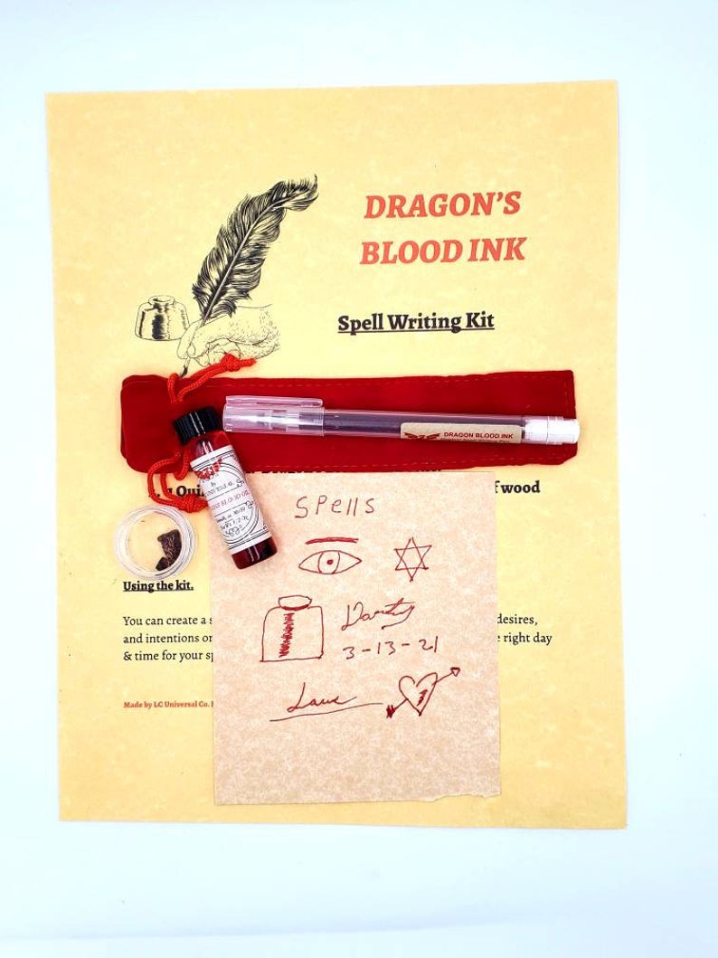 May include: A spell writing kit with a small bottle of red ink labeled "Dragon's Blood Ink", a quill pen, and a piece of parchment paper with the words "Spells" and "Danty 3-13-21" written in red ink.