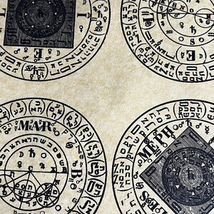 May include: Four black and white circular diagrams with Hebrew text and symbols. The diagrams are on a beige background. The text includes the words "MAR" and "MEPH".