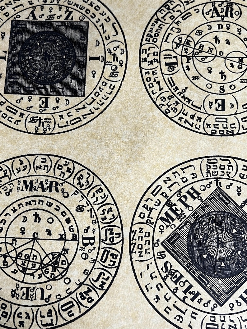 May include: Four black and white circular diagrams with Hebrew text and symbols. The diagrams are on a beige background. The text includes the words "MAR" and "MEPH".
