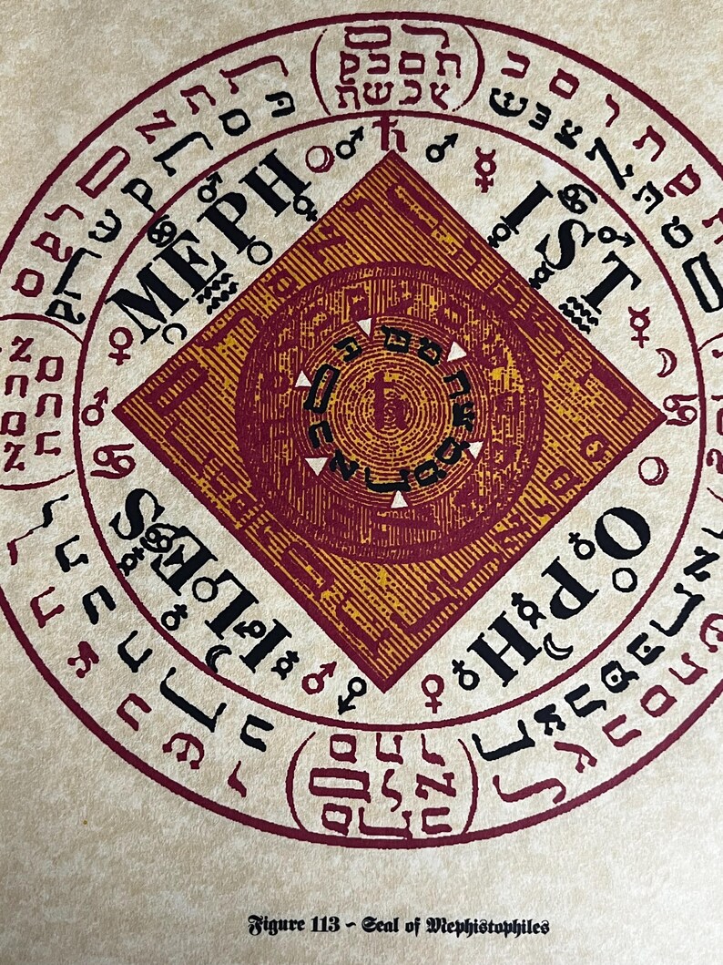 May include: A red and gold seal with the text "Meph" and "Ist" in a circle around a central square. The text "Figure 113 - Seal of Mephistophiles" is below the seal.