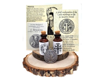 St Benedict medal with anointing oil holy water & medal blessing prayer in latin