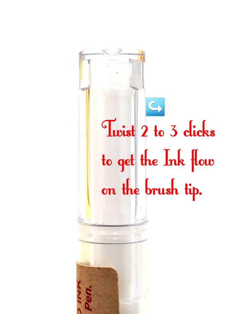 May include: A clear plastic bottle with a white label that says "DINK Pen." The bottle has a white cap and a white brush tip. The text "Twist 2 to 3 clicks to get the Ink flow on the brush tip." is written in red on a white background.