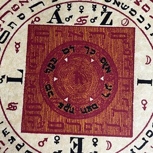 May include: A circular chart with a red and orange center and black text around the outside. The text includes the letters A to Z and the words "I" and "II".