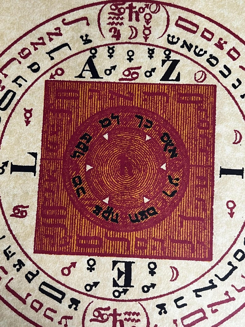 May include: A circular chart with a red and orange center and black text around the outside. The text includes the letters A to Z and the words "I" and "II".