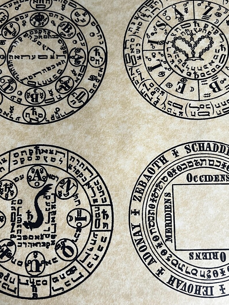 May include: A black and white image of a circular design with Hebrew text and symbols. The design is surrounded by a circle with the words "LEHOVAH", "ADONAY", "ZEBAOTH", "SCHAD", "ORIENS", "MERIDIENS", "OCCIDENS".