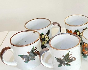 Vintage mug and milk pot pottery, japan or Korea stoneware coffee cups. Flower theme