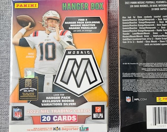 May include: A hanger box for 2022 Panini Mosaic NFL Trading Cards featuring a photo of Mac Jones, quarterback for the New England Patriots. The box includes 20 cards and features a hanger pack exclusive mosaic reactive orange parallel.