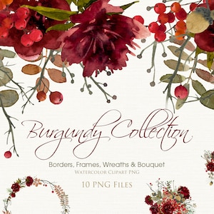 Aquarelle Bourgogne Fleurs Collection Clipart Digital Télécharger Cadres Bordures Couronnes Bouquet PNG