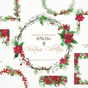 Ghirlande e cornici dipinte a mano ad acquerello con Poinsettia, clipart con cornice ghirlanda invernale, clipart ad acquerello natalizio