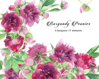 Watercolor Floral Clipart Burgundy Peonies Wedding Bouquet Aquarelle Line Art Digital Download