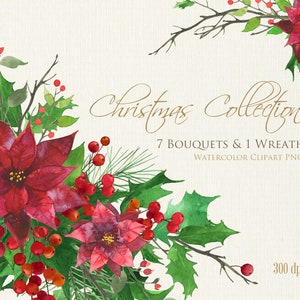 Buquês pintados à mão em aquarela e guirlanda com poinsétia, clipart de buquê de guirlanda de inverno, clipart de aquarela de Natal