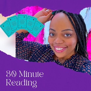 May include: A woman with braids smiles at the camera, holding a set of five blue tarot cards with black and white designs. The text "30 Minute Reading" is written in white on a purple background.