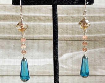 Tropical Blue Glass and Silver Drop Earrings; Blue Czech Glass Drop Earrings