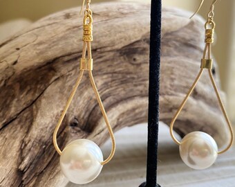 Elegant, Large, Shell Pearl and Gold Filled Chain Earrings; Pearl Dangle Earrings