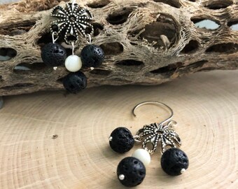 Lava and Mother of Pearl Antique Silver Chandelier Earrings