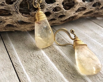 Gold Wire Wrapped Flat, Teardrop Citrine and Antique Brass Earrings; Wire Wrapped Citrine Earrings