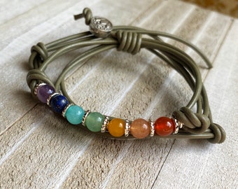 Natural, Adjustable, Leather and Chakra Color Inspired Stone Beaded Bracelet; Beaded, Leather Cord Bracelet