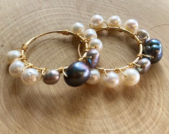 Freshwater Pearl, Wire Wrapped, Gold Filled Hoop Earrings; Wire Wrapped Pearl Earrings