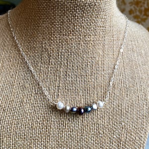 Sterling Silver Chain and Peacock Feather Toned Freshwater Pearl Necklace; handmade Pearl bar necklace