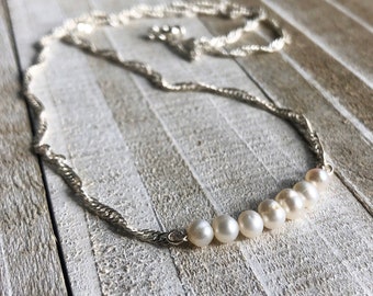 Sterling Silver and Freshwater Pearl Bar Necklace; Pearl Layering Necklace