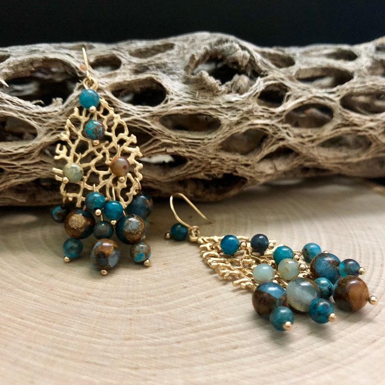 Sea Blue Opal, Bronzite Marbled Quartz Beaded Gold Drop Earrings image 1