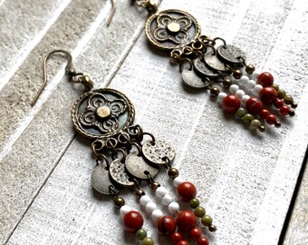 Antique Brass Medallion, Red Jasper, Unakite and Howlite Beaded Chandelier Earrings; Long, Beaded Chandelier Earrings