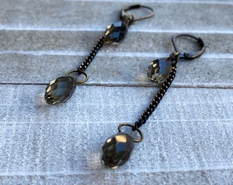 Smoky Quartz Teardrop Earrings: Antique Brass Chain Briolettes