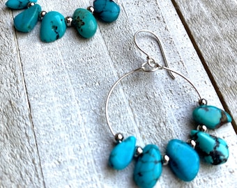 Sterling Silver and Turquoise Dangle Earrings, Turquoise Hoop Earrings
