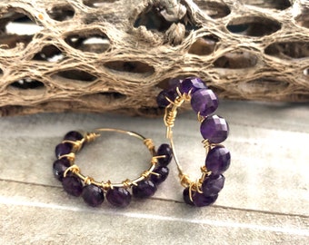 Wire Wrapped, Gold Filled Amethyst Hoop Earrings