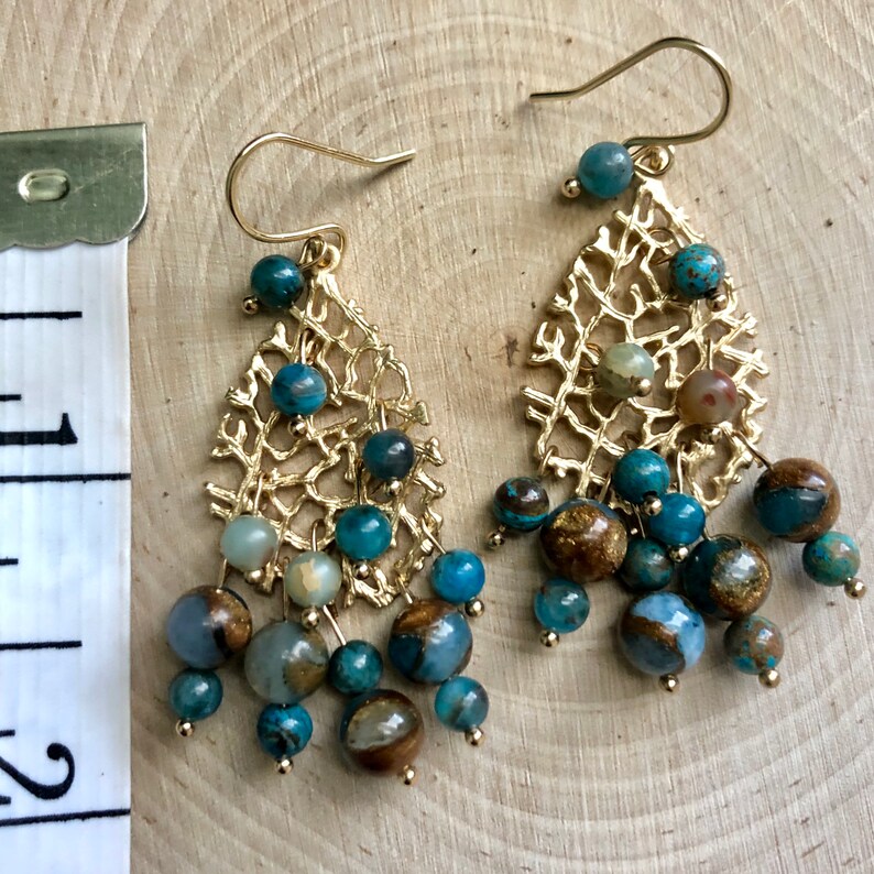 Sea Blue Opal, Bronzite Marbled Quartz Beaded Gold Drop Earrings image 3