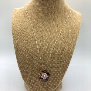 Black and Pink Mother of Pearl Flower Pendant on Fine Silver Chain Necklace