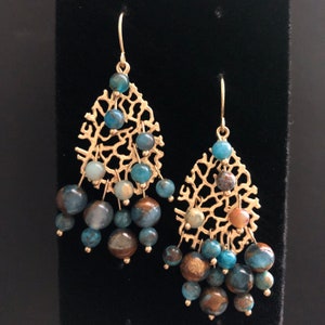 Sea Blue Opal, Bronzite Marbled Quartz Beaded Gold Drop Earrings image 2