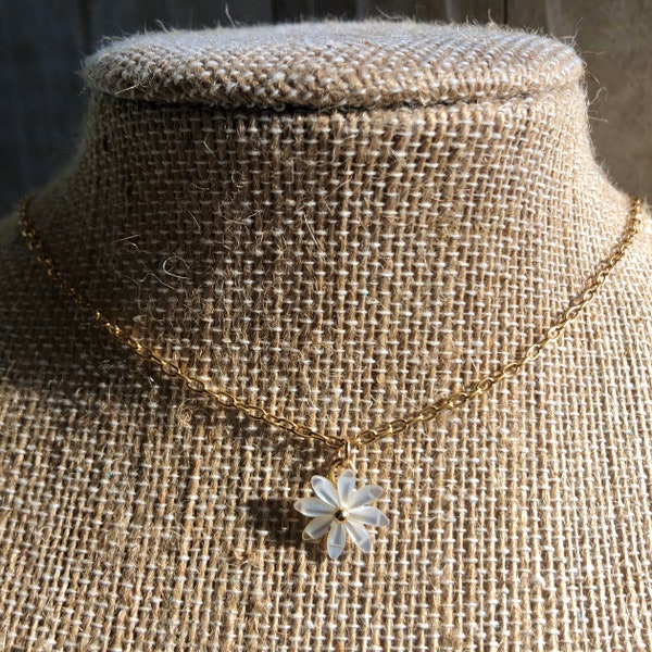 Mother of Pearl, Daisy Shaped Flower Pendant Necklace; MOP Flower and Gold Filled Chain Necklace