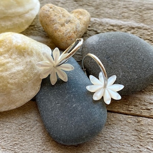 Tiny, Mother of Pearl Daisy, Sterling Silver Hoop earrings; Daisy Earrings